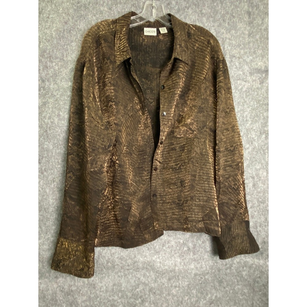 Chico's Metallic Bronze Snake Leaf Print Button Jacket Top Size 3 (L/XL) - Picture 2 of 16